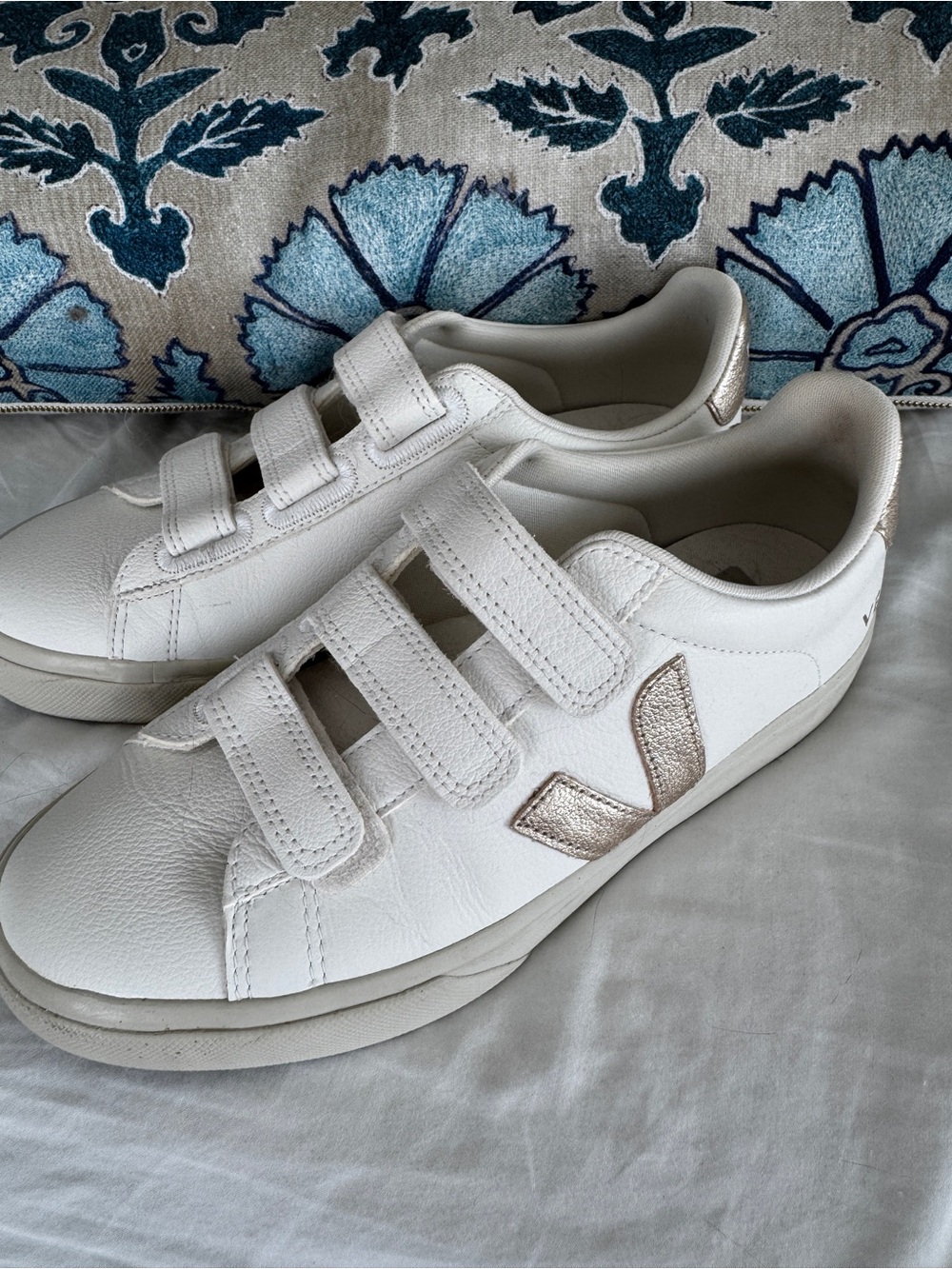 Veja White Sneakers with Rose-Gold Accent - Velcro Straps